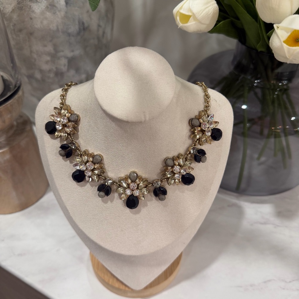 Gold Tone Cluster Rhinestone Statement Necklace